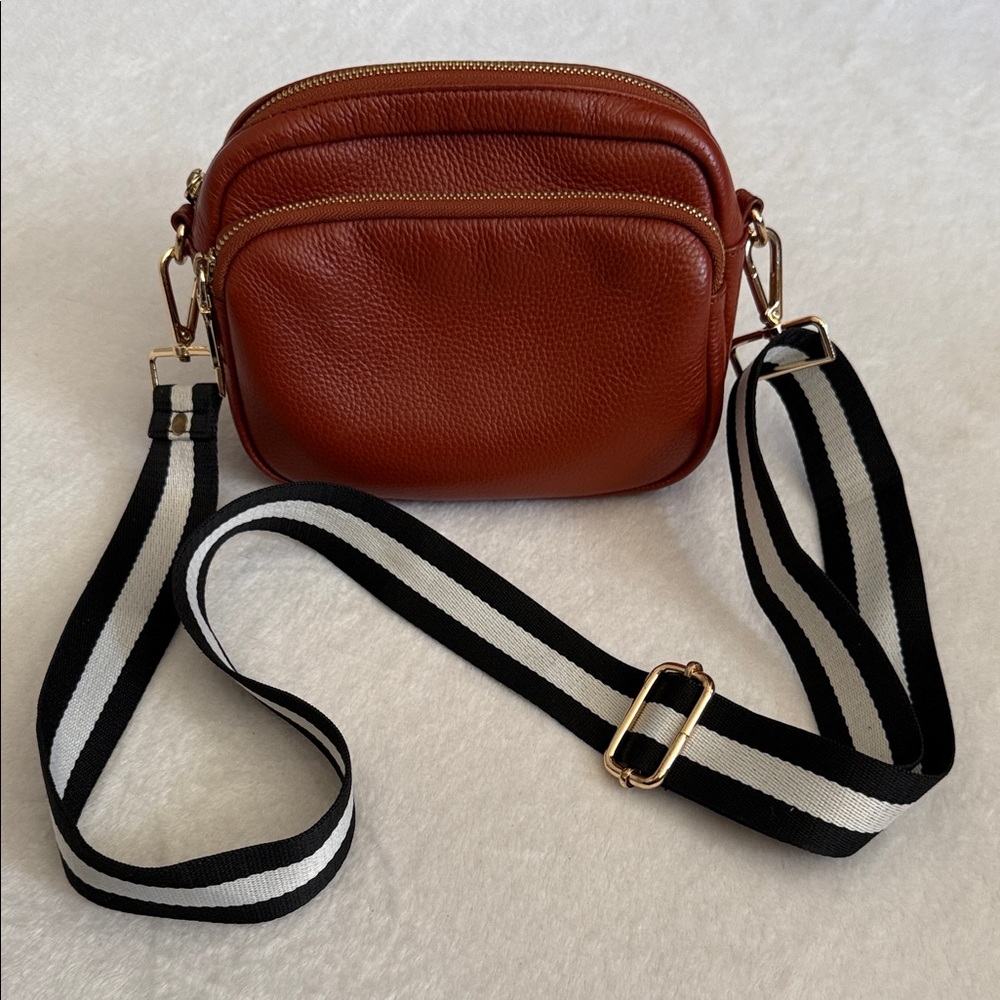 Pom Pom London | Mayfair Pebbled Leather Crossbody Bag B&W Stripe Strap Brown